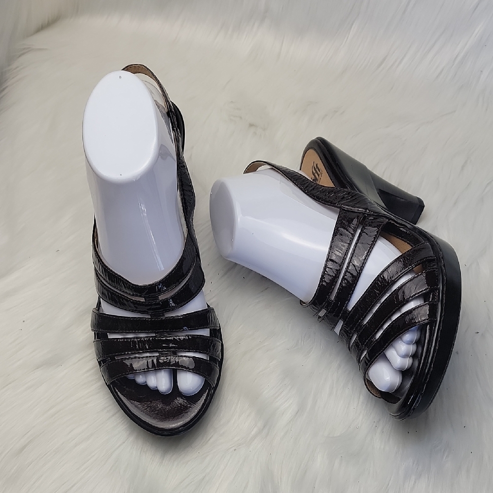 SOFFT Chocolate Brown Patent Leather Open Toe Strappy Sling Back Comfort Sandals